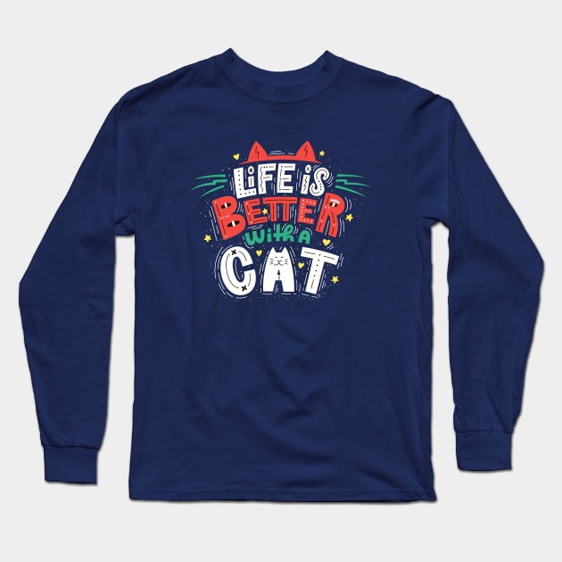 life is better with a cat doodle Long Sleeve T-Shirt by Mako Design 